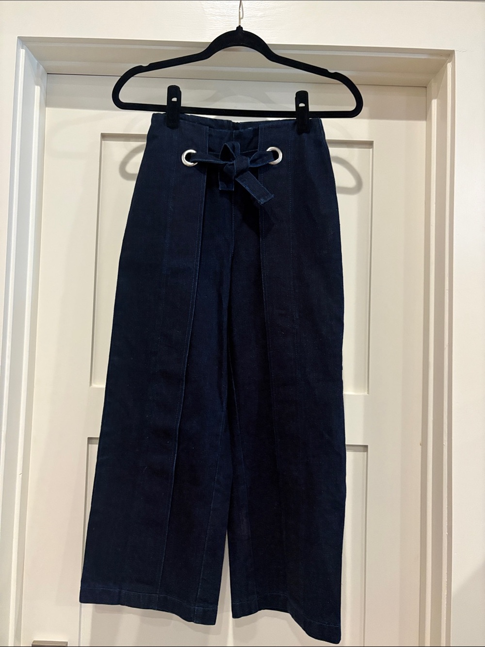 Topshop Navy Wide Leg Flare Jeans with Tie Waist